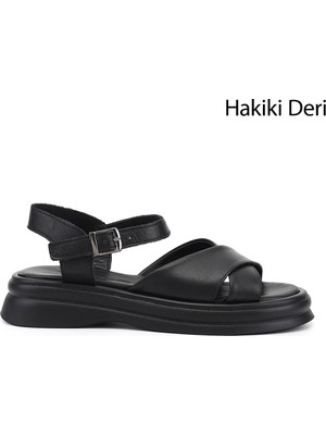 Gönderi(r) Kadın Siyah  Tokalı Bantlı Hakiki Deri Sandalet