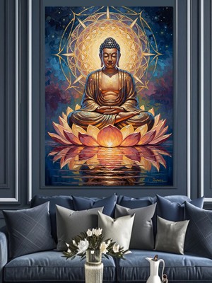 Tablomega Lotus Çiçeğinde Meditasyon Yapan Buda Dekoratif Kanvas - Mdf Ahşap Tablo