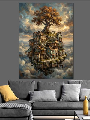 Karizma Tablo Bulutlar Üzerindeki Havada Duran Şehir Dekoratif Kanvas - Mdf Ahşap Tablo