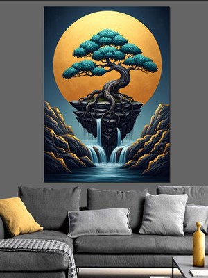 Karizma Tablo Havada Süzülen Bonsai Ağacı Şelale Dekoratif Kanvas - Mdf Ahşap Tablo
