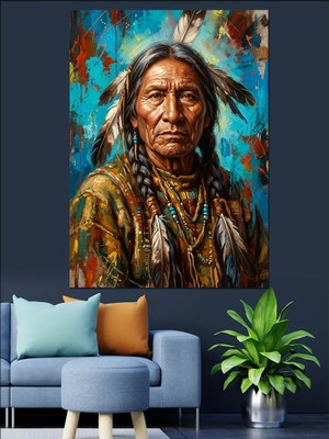 Karizma Tablo Kızılderili Reisi Geleneksel Portre Tablo Dekoratif Kanvas - Mdf Ahşap Tablo