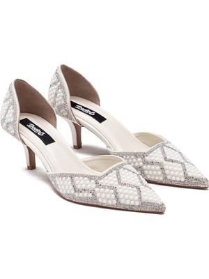 Dedos Kadın Kısa Topuklu Özel Taş Işlemeli Sivri Burun Gelinlik Abiye Ayakkabı 14325