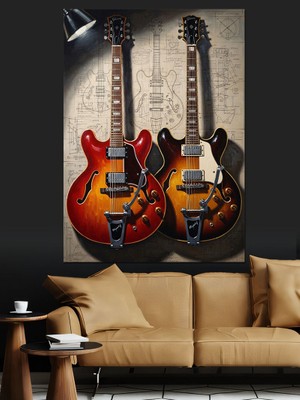 Karizma Tablo Ikiz Elektro Gitarlar Teknik Sanat Dekoratif Kanvas - Mdf Ahşap Tablo