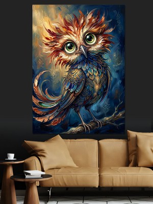 Karizma Tablo Rengarenk Tüylü Bilge Baykuş Portresi Dekoratif Kanvas - Mdf Ahşap Tablo