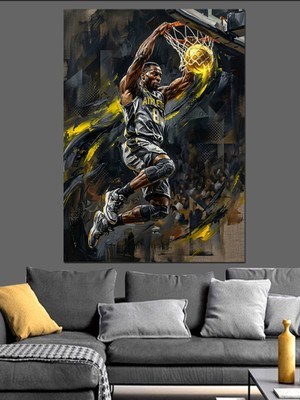 Karizma Tablo Smaç Basan Basketbolcu Altın Işıltılı Dekoratif Kanvas - Mdf Ahşap Tablo