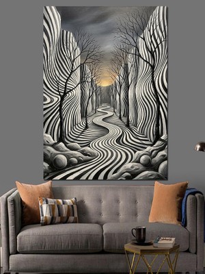 Karizma Tablo Siyah Beyaz Optik Illüzyon Yol Dekoratif Kanvas - Mdf Ahşap Tablo