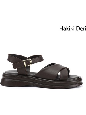 Gönderi(r) Kadın Kahve  Tokalı Bantlı Hakiki Deri Sandalet