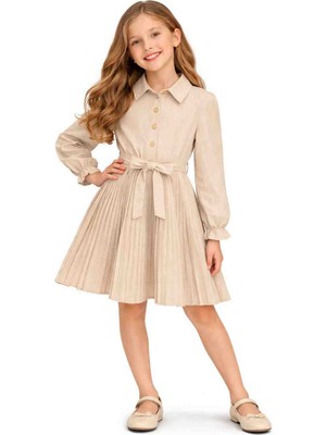 Kız Çocuk Bej Piliseli Elbise – Şık ve Zarif Tasarım