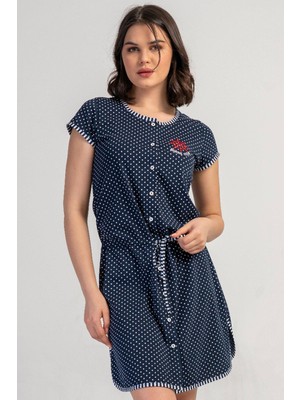 Vienetta Kadın Büyük Beden Kısa Kol Önden Düğmeli Lacivert Gecelik C1T7N3305