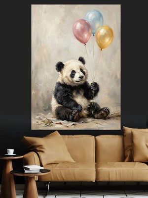 Karizma Tablo Balonlu ve Mutlu Oturan Panda Dekoratif Kanvas - Mdf Ahşap Tablo