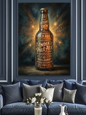 Karizma Tablo Işık Saçan Altın Bira Şişesi Dekoratif Kanvas - Mdf Ahşap Tablo