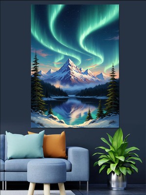 Karizma Tablo Dağ Manzaralı Kuzey Işıkları Tablosu Dekoratif Kanvas - Mdf Ahşap Tablo