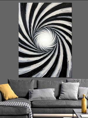 Karizma Tablo Siyah Beyaz Spiral Girdap Illüzyonu Dekoratif Kanvas - Mdf Ahşap Tablo
