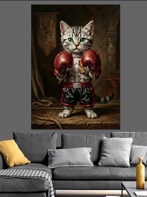 Karizma Tablo Boks Eldivenli Küçük Boksör Kedi Dekoratif Kanvas - Mdf Ahşap Tablo