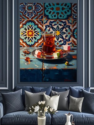 Karizma Tablo Çay Bardağı ve Renkli Çiniler Dekoratif Kanvas - Mdf Ahşap Tablo