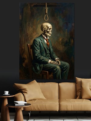 Karizma Tablo Asılmak Üzere Bekleyen Sandalyedeki Iskelet Dekoratif Kanvas - Mdf Ahşap Tablo