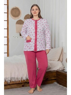 Farya Home X-Dreamy Büyük Beden Pamuklu Cepli Çiçekli Önden Düğmeli Pijama Takımı