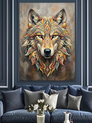 Karizma Tablo Etnik Desenli Bozkurt Yüzü Portresi Dekoratif Kanvas - Mdf Ahşap Tablo