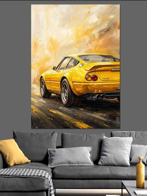Karizma Tablo Gün Batımında Klasik Sarı Araba Dekoratif Kanvas - Mdf Ahşap Tablo