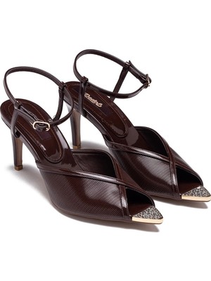 Dedos Kadın Bilekten Bağlamalı Taşlı Yüksek Topuklu Arkası Açık Sivri Burun Rugan Abiye Ayakkabı 17435