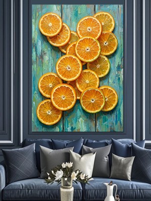 Karizma Tablo Dilimlenmiş Taze Portakallar ve Mavi Dekoratif Kanvas - Mdf Ahşap Tablo
