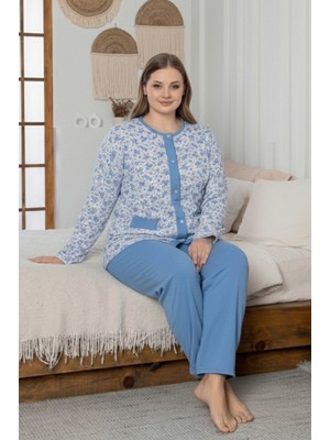 Farya Home X-Dreamy Büyük Beden Pamuklu Cepli Çiçekli Önden Düğmeli Pijama Takımı