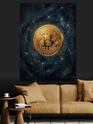 Karizma Tablo Uzayda Parlayan Altın Bitcoin Sembolü Dekoratif Kanvas - Mdf Ahşap Tablo