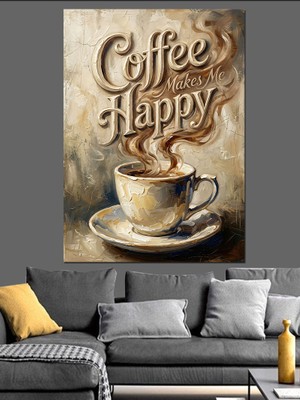 Karizma Tablo Kahve ve Mutluluk Yazılı Fincan Dekoratif Kanvas - Mdf Ahşap Tablo
