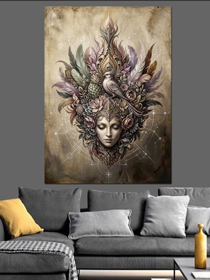 Karizma Tablo Kuşlarla Bezeli Mistik Kadın Yüzü Dekoratif Kanvas - Mdf Ahşap Tablo