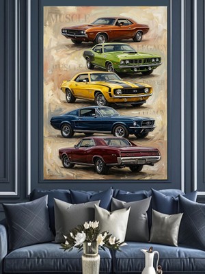 Karizma Tablo Üst Üste Dizilmiş Klasik Arabalar Dekoratif Kanvas - Mdf Ahşap Tablo