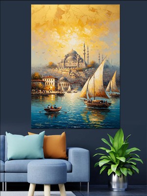 Karizma Tablo Gün Batımında Yelkenliler ve Camii Dekoratif Kanvas - Mdf Ahşap Tablo