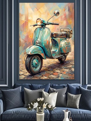 Karizma Tablo Retro Mavi Vespa Motor Tablosu Dekoratif Kanvas - Mdf Ahşap Tablo