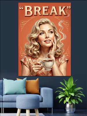 Karizma Tablo Kahve Molası Veren Şık Kadın Dekoratif Kanvas - Mdf Ahşap Tablo