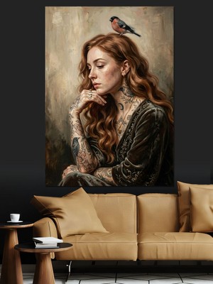 Karizma Tablo Başında Kuş Olan Kızıl Kadın Dekoratif Kanvas - Mdf Ahşap Tablo