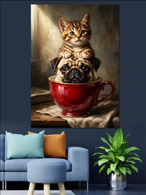 Karizma Tablo Kırmızı Fincanda Kedi ve Köpek Dekoratif Kanvas - Mdf Ahşap Tablo