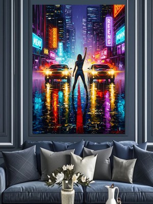 Karizma Tablo Neon Işıklı Şehirde Silüet Figür Dekoratif Kanvas - Mdf Ahşap Tablo