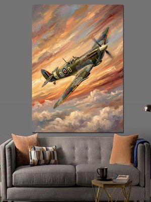 Karizma Tablo Bulutlar Üzerinde Uçan Savaş Uçağı Dekoratif Kanvas - Mdf Ahşap Tablo