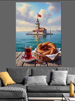 Karizma Tablo Istanbul Kız Kulesi Çay Simit Dekoratif Kanvas - Mdf Ahşap Tablo