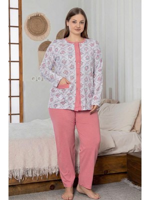 Farya Home X-Dreamy Büyük Beden Pamuklu Cepli Çiçekli Önden Düğmeli Pijama Takımı