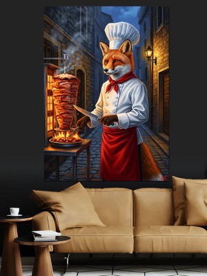 Karizma Tablo Döner Kesen Tilki Şef Illüstrasyonu Dekoratif Kanvas - Mdf Ahşap Tablo