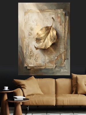 Karizma Tablo Parşömen Üzerinde Kuru Altın Yaprak Dekoratif Kanvas - Mdf Ahşap Tablo