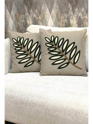 Zeora Home 2’li Dekoratif Pamuklu Kırlent Kılıfı Yaprak Desenli Modern Bohem Etnik Salon Çift Katlı Kumaş