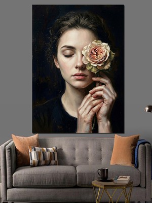 Karizma Tablo Elinde Gül Tutan Kapalı Gözlü Kadın Dekoratif Kanvas - Mdf Ahşap Tablo