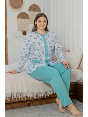 Farya Home X-Dreamy Büyük Beden Pamuklu Cepli Çiçekli Önden Düğmeli Pijama Takımı