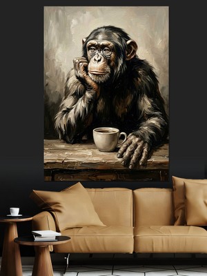 Karizma Tablo Kahve Içen Düşünceli Şempanze Tablo Dekoratif Kanvas - Mdf Ahşap Tablo