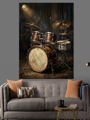 Karizma Tablo Işıklar Altında Profesyonel Bateri Seti Dekoratif Kanvas - Mdf Ahşap Tablo