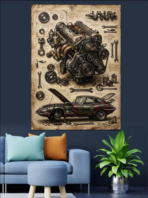 Karizma Tablo Motor Parçaları ve Araba Şeması Dekoratif Kanvas - Mdf Ahşap Tablo