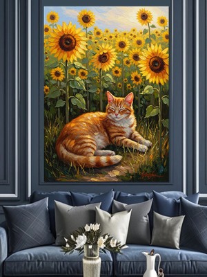 Karizma Tablo Ayçiçeği Tarlasında Yatan Turuncu Kedi Dekoratif Kanvas - Mdf Ahşap Tablo