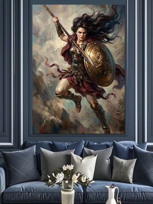 Karizma Tablo Elinde Kalkan Tutan Kadın Savaşçı Dekoratif Kanvas - Mdf Ahşap Tablo