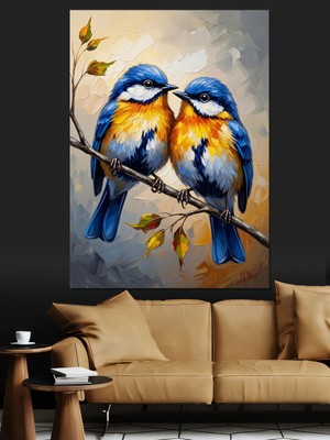 Karizma Tablo Dalda Yan Yana Iki Mavi Kuş Dekoratif Kanvas - Mdf Ahşap Tablo